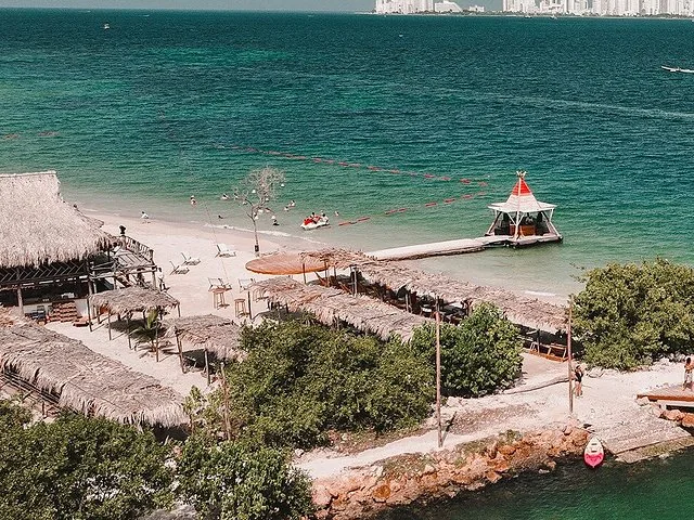 Luftaufnahme eines Beach Clubs mit Strohdächern und einem Dock