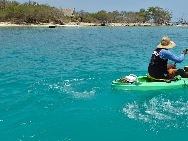 Person, die in klarem blauem Wasser mit einem grünen Kajak auf ein sandiges Ufer zupaddelt