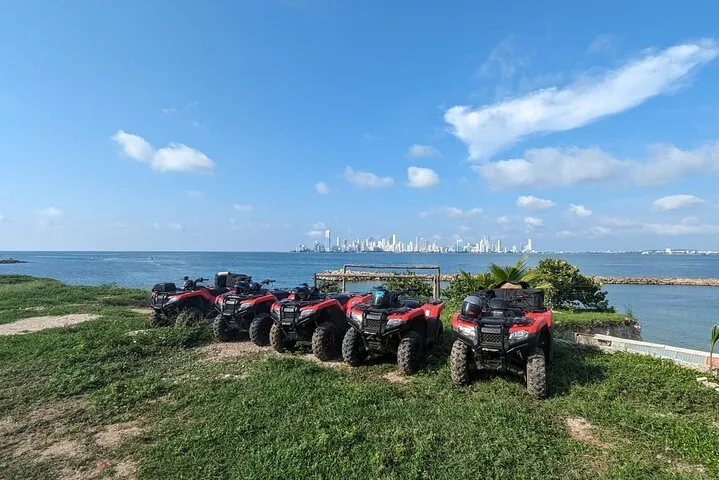 Row of red ATVs parked on grass overlooking ocean and city skyline.