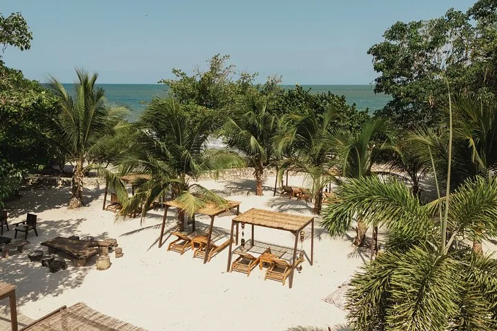 Sandiger Strandbereich mit Palmen, Liegestühlen und schattigen Strukturen am Meer